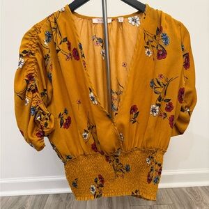 Tempted LA Mustard Floral Puff Sleeve Smocked Peplum Top Women’s M